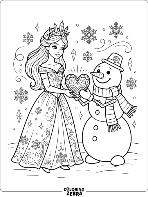 A snow queen and snowman sharing a heart