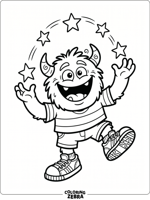 A fun monster juggling stars in sneakers