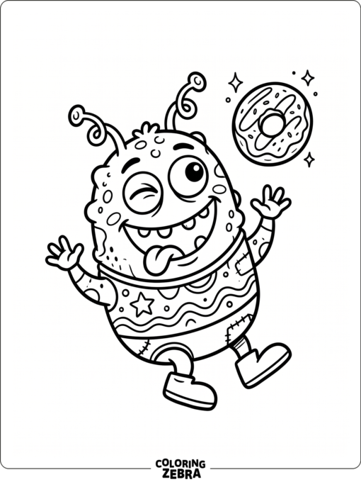 A funny alien making a silly face with a donut