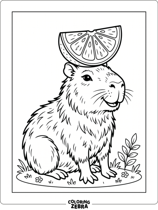 A funny capybara balancing a fruit slice on its head