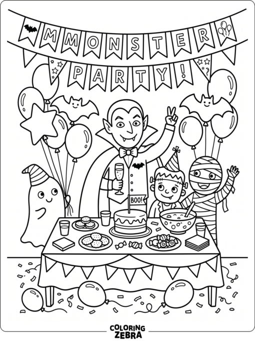 Dracula at a monster party with balloons and snacks