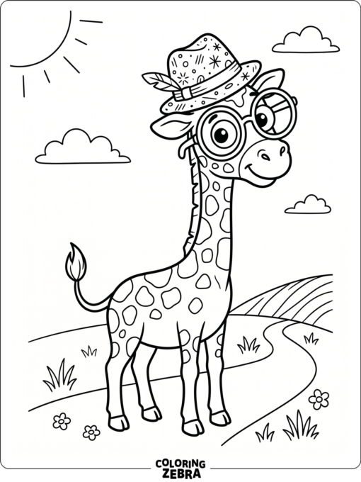 A silly giraffe wearing oversized glasses and a hat