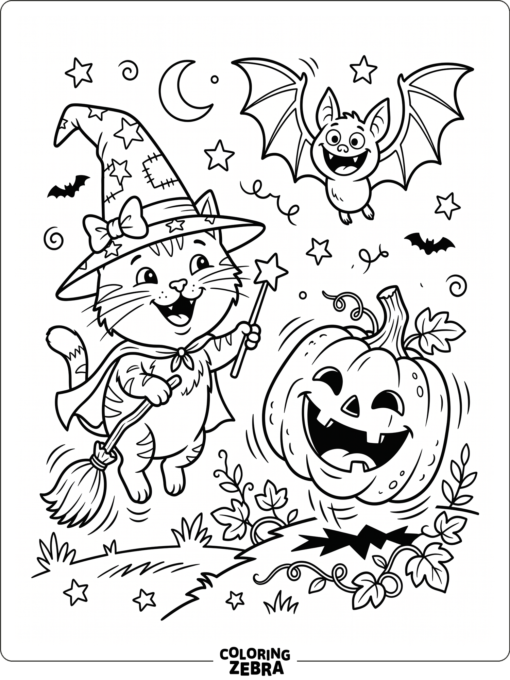 A funny Halloween scene with a goofy bat, pumpkin, and witch cat