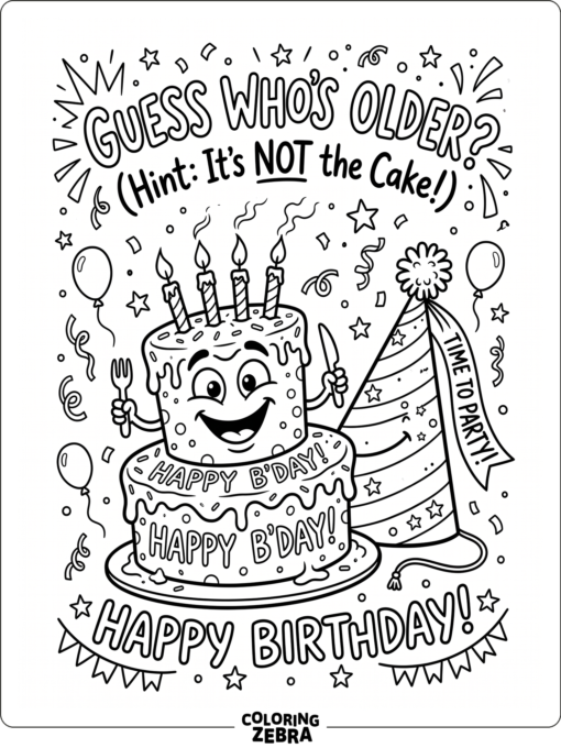 Funny birthday sign with a goofy cake and party hat