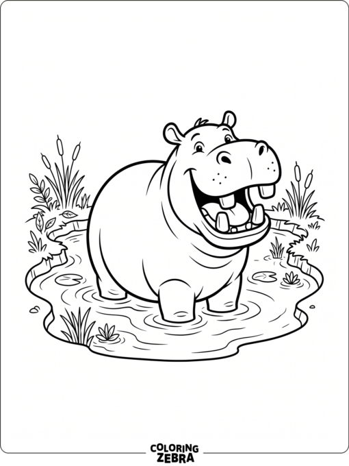 A goofy hippo grinning in a simple pond