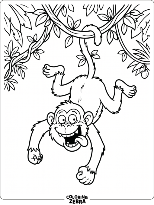 A funny monkey making a silly face while hanging from a vine