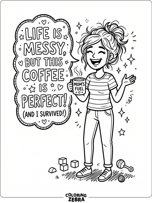 Funny mom with messy hair and a coffee cup