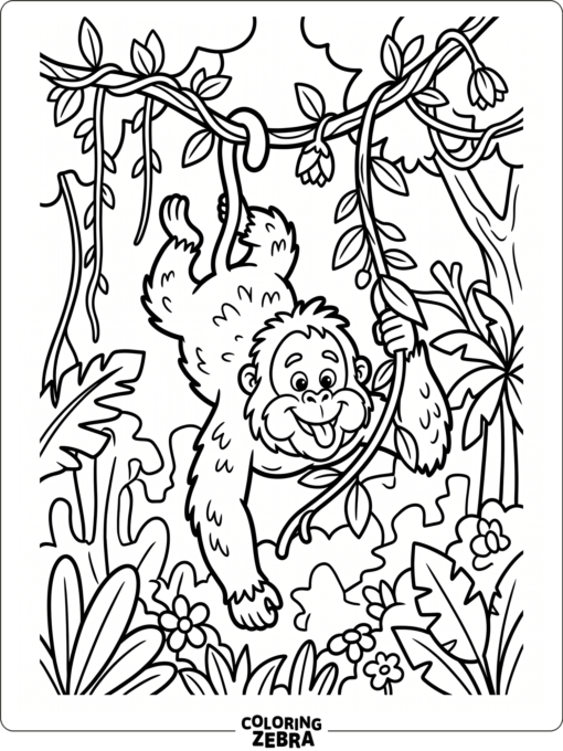 A funny orangutan hanging from a vine with a silly expression