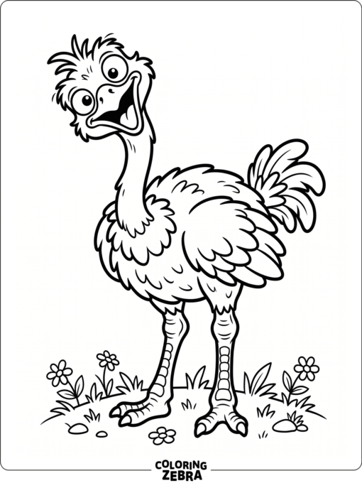 A funny ostrich with a tilted head and a silly expression