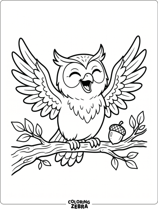 A funny owl with open wings and an acorn