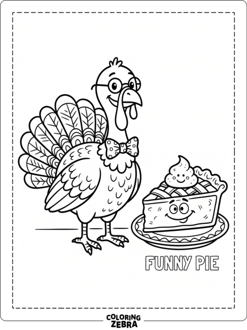 A turkey wearing glasses next to a pie slice