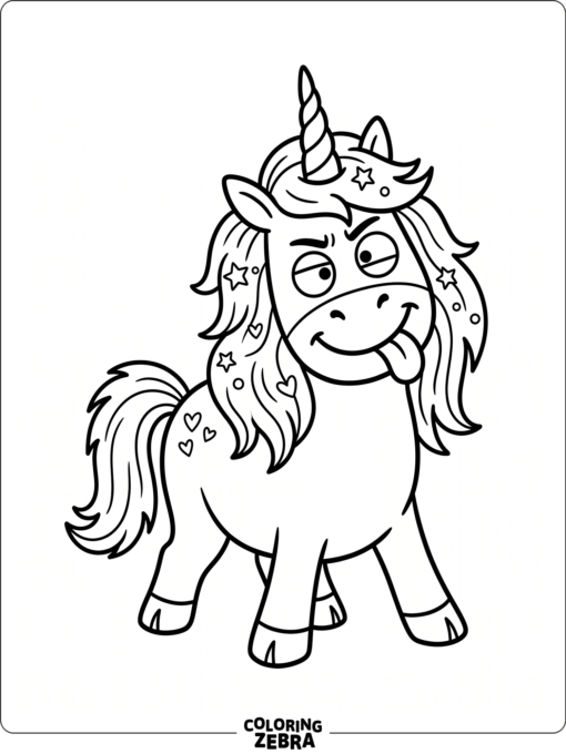 A silly unicorn with crossed eyes and a tongue out