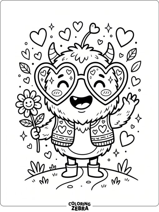 Funny character with heart glasses and a flower
