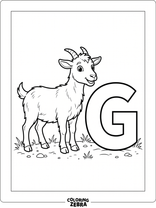 A goat standing beside a large letter G
