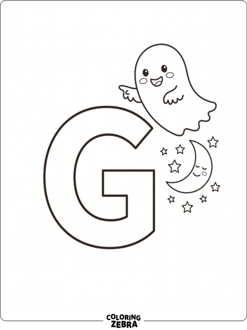 A letter G with a ghost floating by a moon