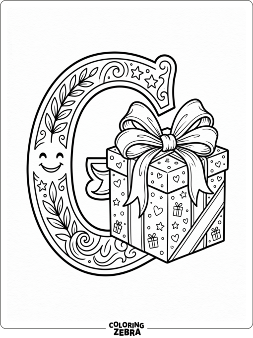 A letter G with a wrapped gift and bow