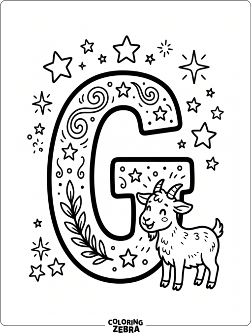 A goat beside the letter G with stars