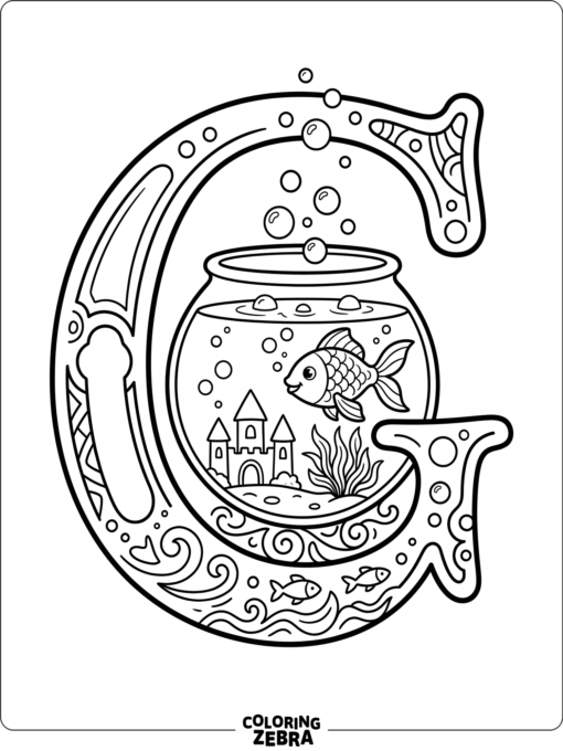 A goldfish bowl sits beside a big letter G