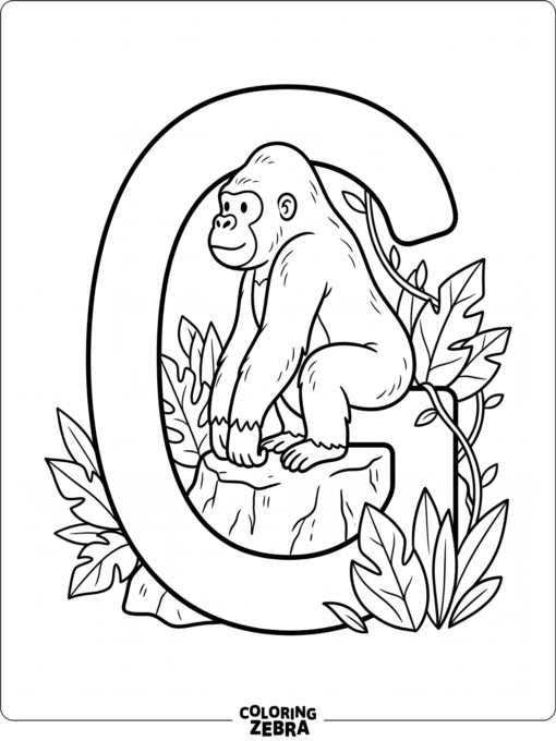 A letter G with a gorilla sitting on a rock