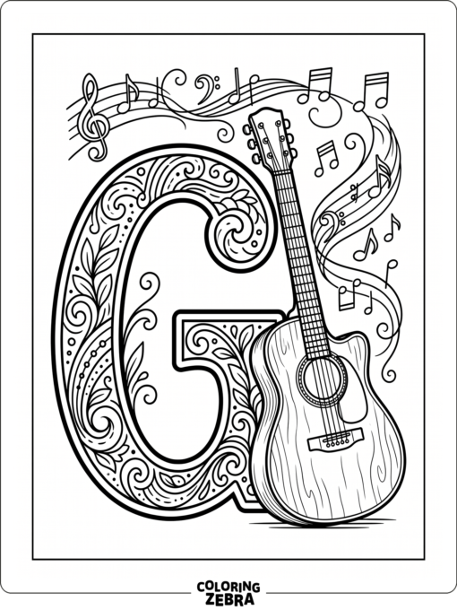 A letter G with a guitar and musical notes