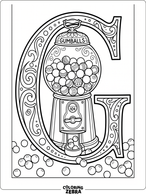A gumball machine stands beside a big letter G
