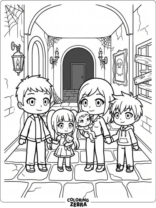 Gacha Life family standing in a spooky hallway