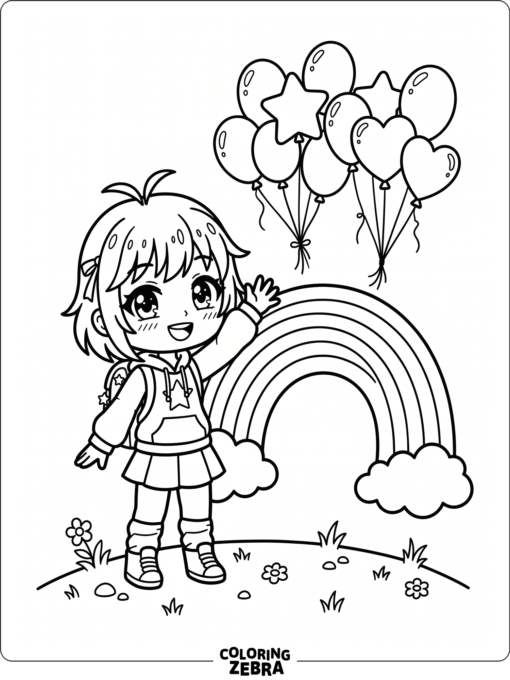 Happy Gacha Life character with a rainbow and balloons
