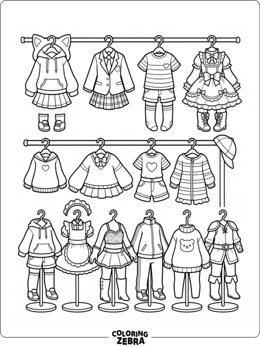 Gacha Life outfits displayed on hangers and stands