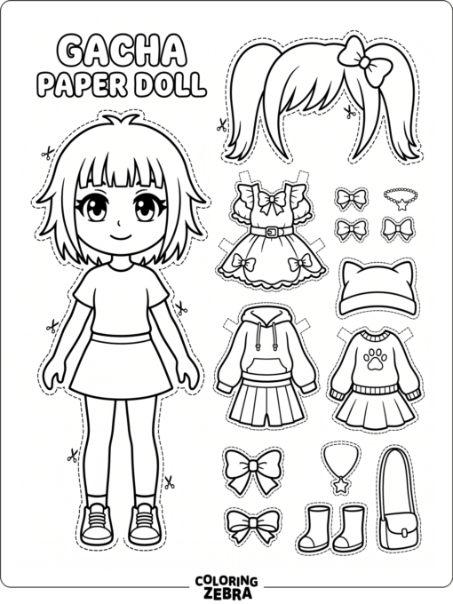 Gacha Life paper doll with outfit pieces laid out beside her