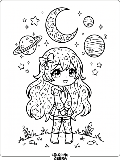 Galaxy girl with planets and a moon