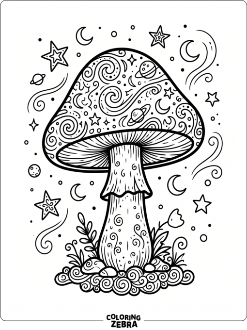 A psychedelic mushroom with stars and cosmic swirls