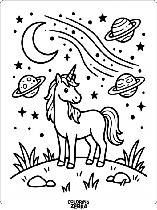 A unicorn beneath moons and planets in a galaxy sky