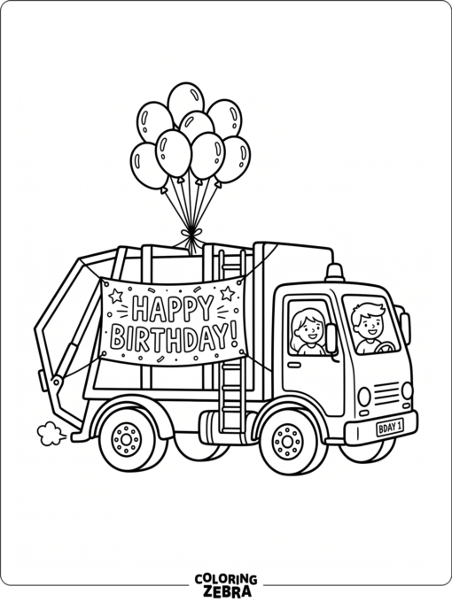 Garbage truck with a birthday banner and balloons