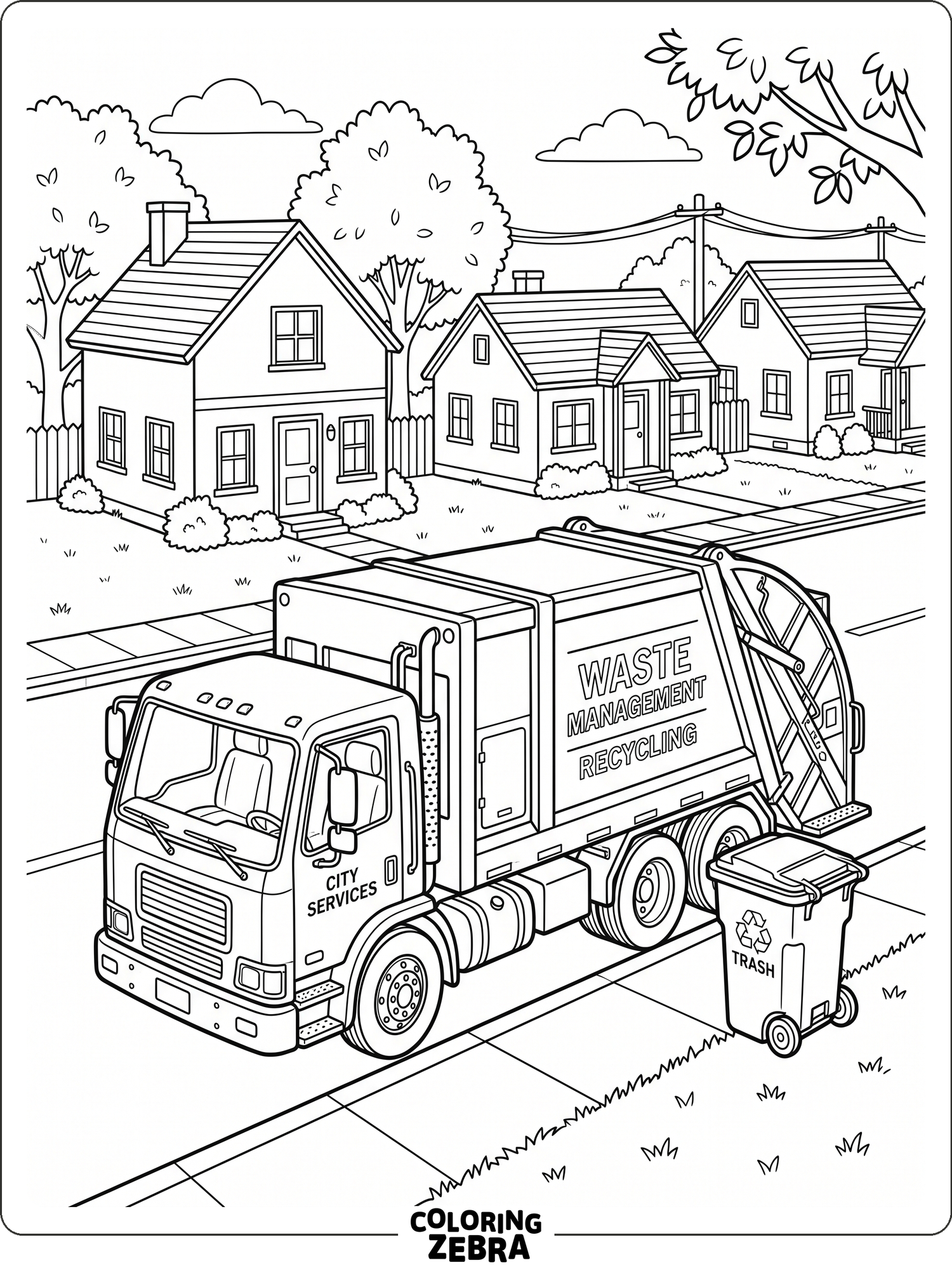 A garbage truck beside a curb with a wheeled bin