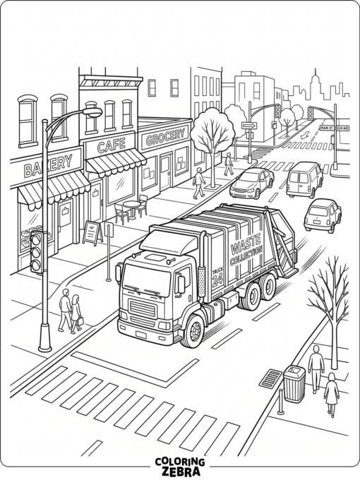 A garbage truck driving down a city street