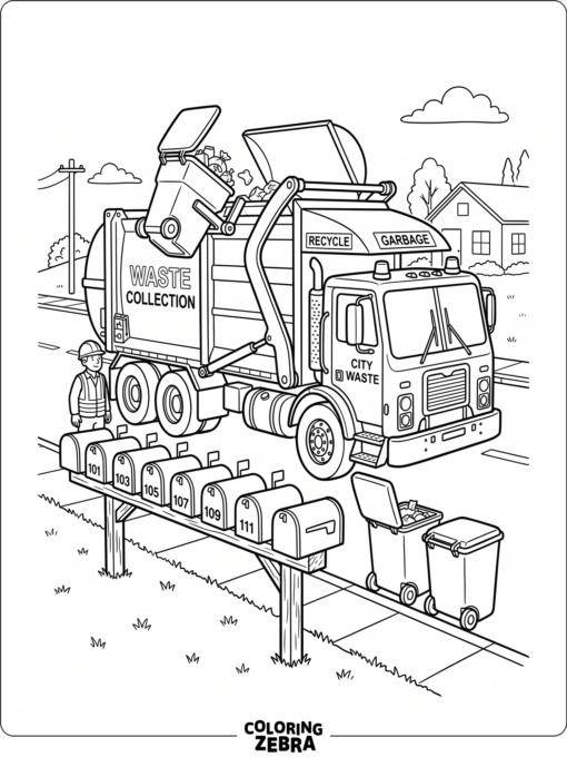 A garbage truck lifting bins beside mailboxes