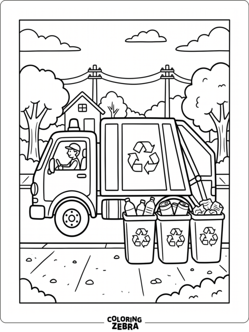 Garbage truck next to recycling bins and cans