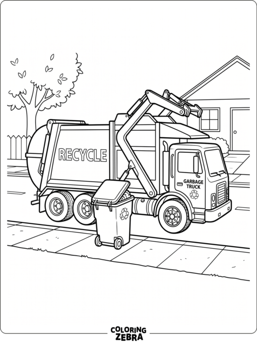 A garbage truck with a lifting arm and recycling bin