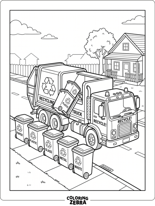 A garbage truck beside recycling bins on the curb