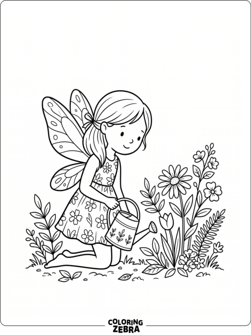 A garden fairy kneeling by flowers