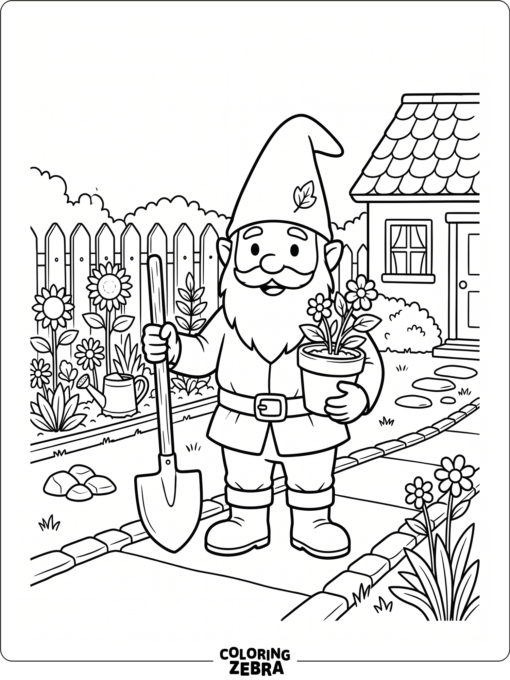 A garden gnome with a shovel and flower pot