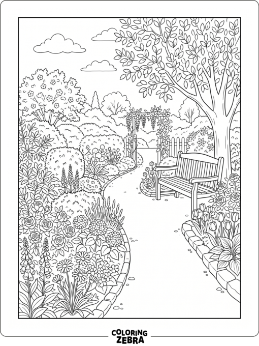A garden path with shrubs, blossoms, and a bench