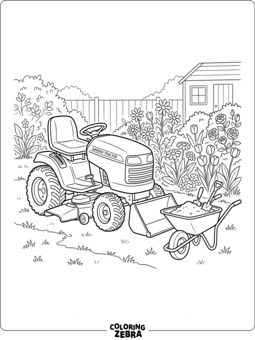 A garden tractor parked near flowers and a wheelbarrow
