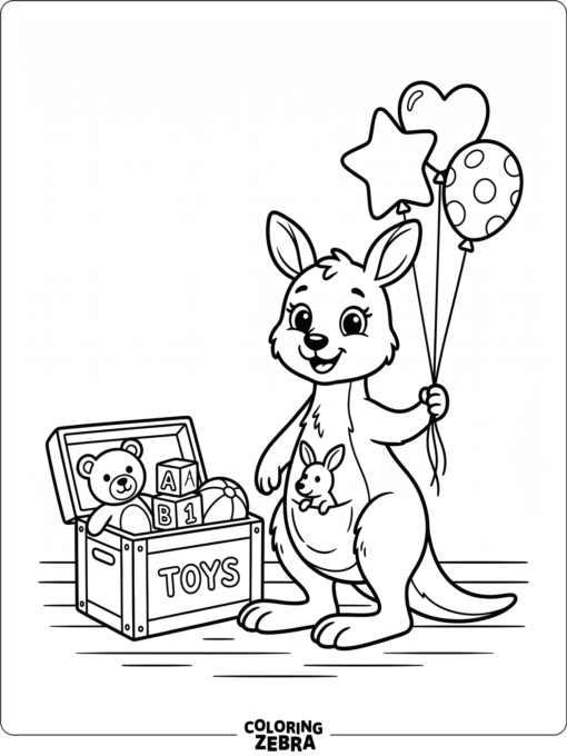 A cartoon kangaroo with large eyes near balloons and a toy box