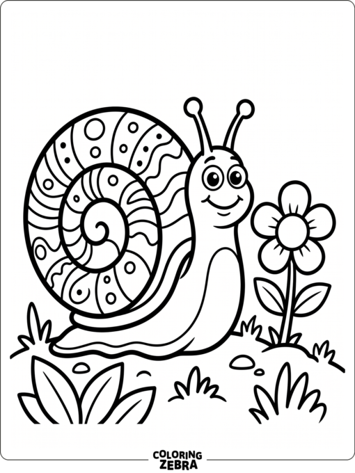 A cartoon snail with a round shell beside a flower