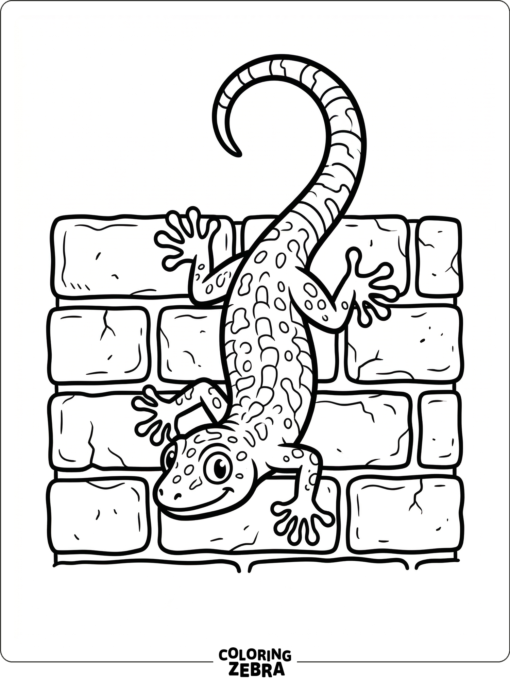 A gecko climbing a brick wall