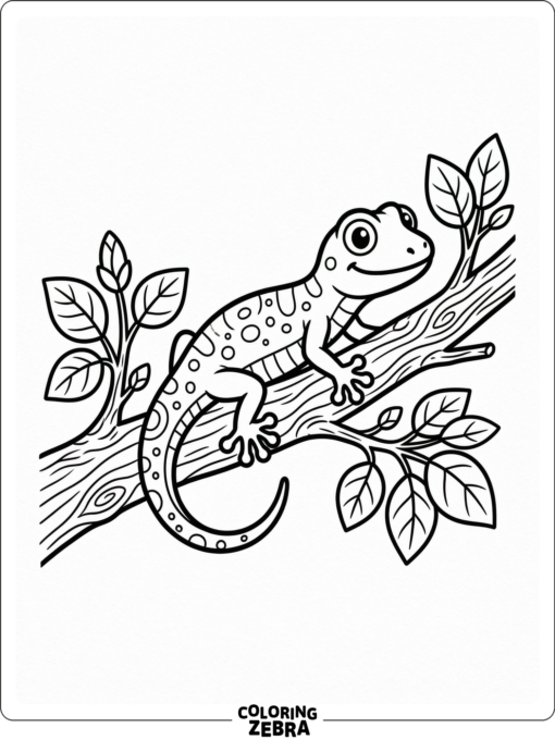 A small gecko rests on a branch with a few leaves around it