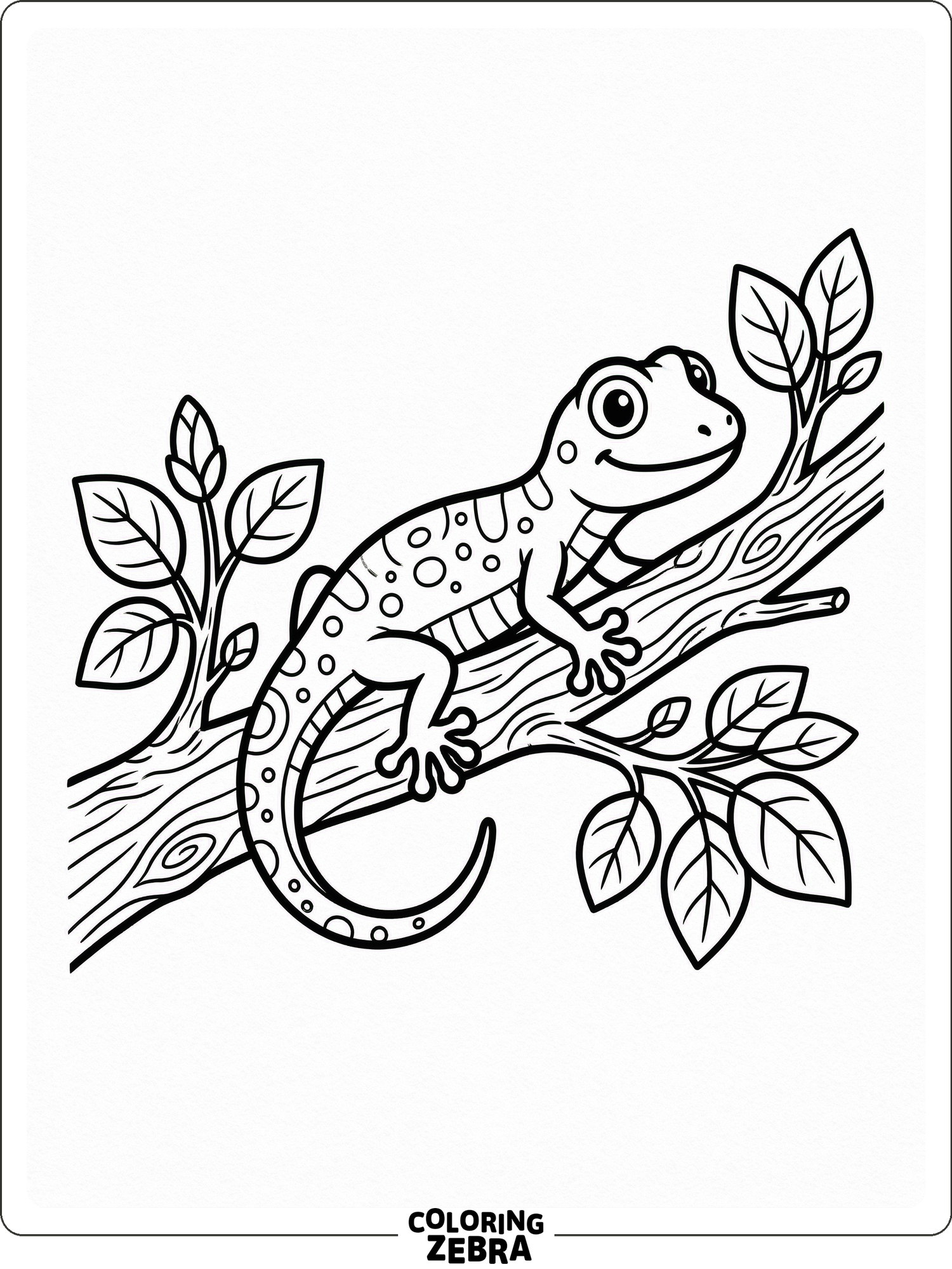 A small gecko rests on a branch with a few leaves around it