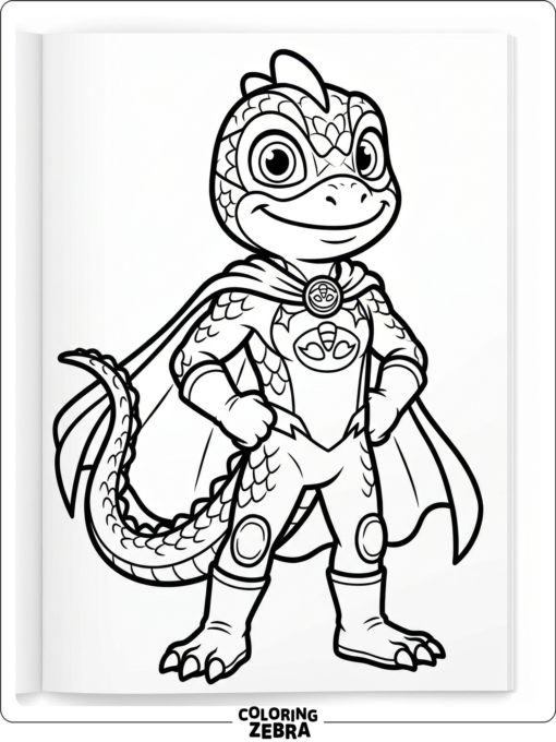 A masked gecko in a cape stands in a superhero pose