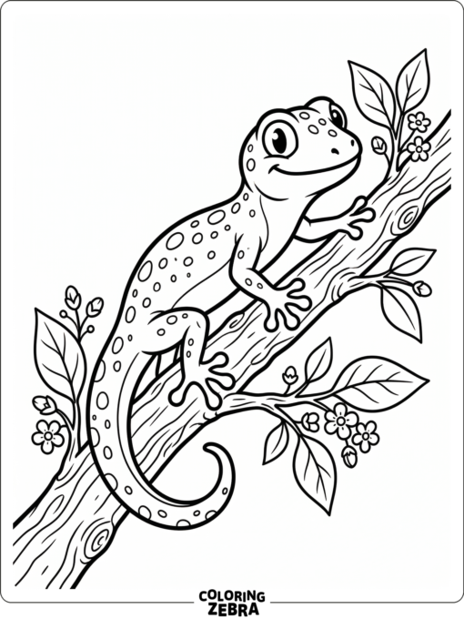 A gecko outline rests on a branch with tiny flowers
